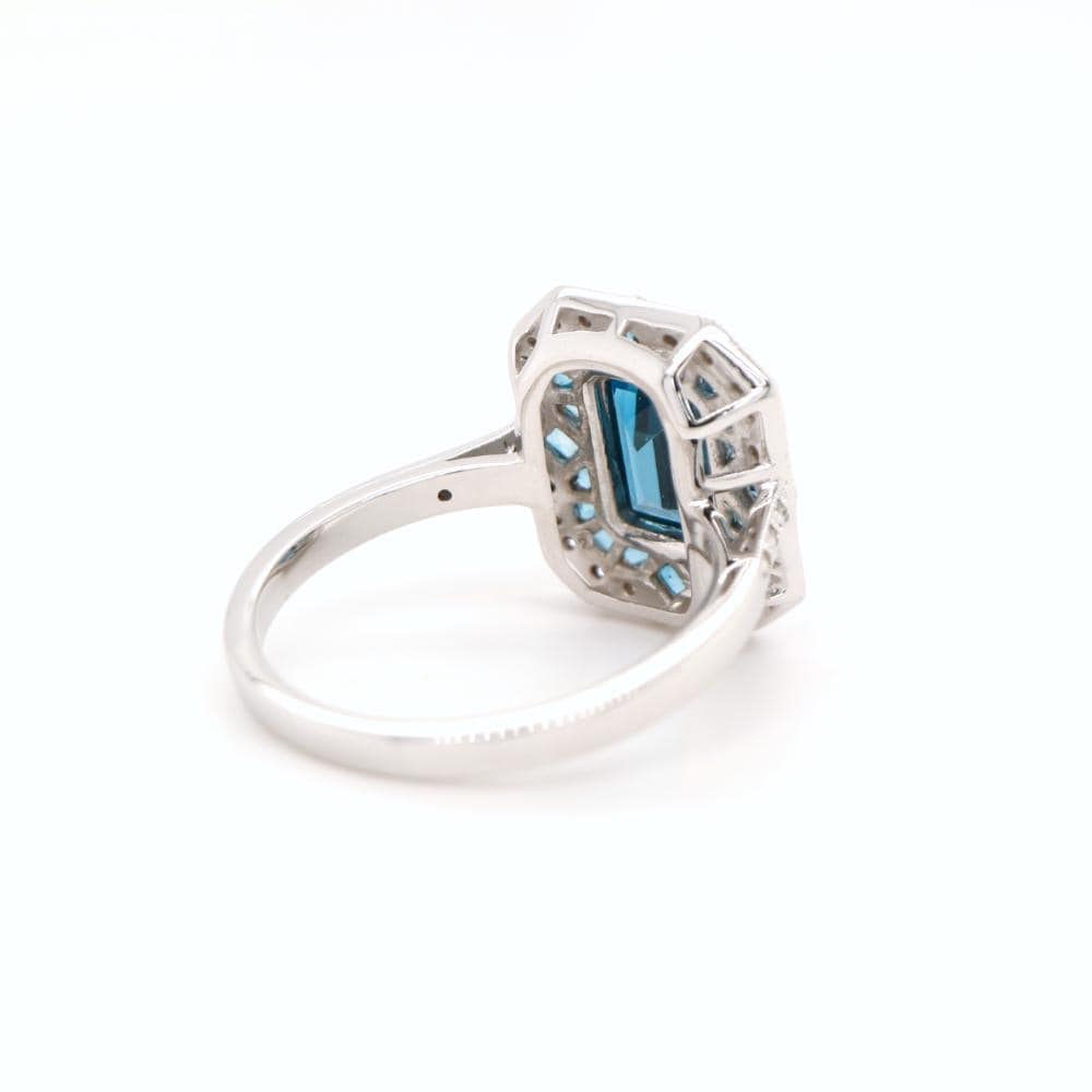 London blue topaz cocktail ring with diamond halo in white gold, White gold engagement ring, Topaz wedding ring, Anniversary gift