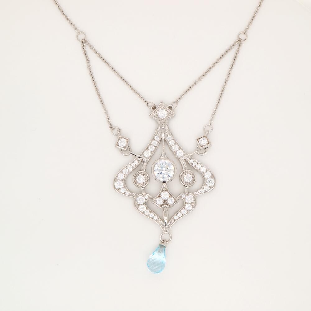 Edwardian Style Necklace with Blue Topaz Drop and CZ centre in Sterling Silver