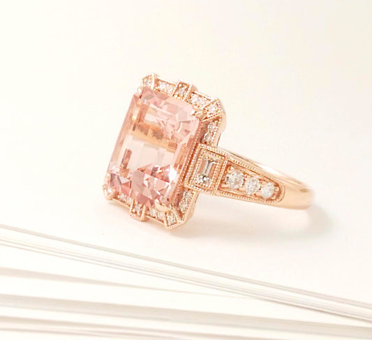 Art Deco vintage Morganite ring, Rose gold  diamond ring,  Art deco vintage ring, Rose gold engagement ring, Rose gold wedding ring,