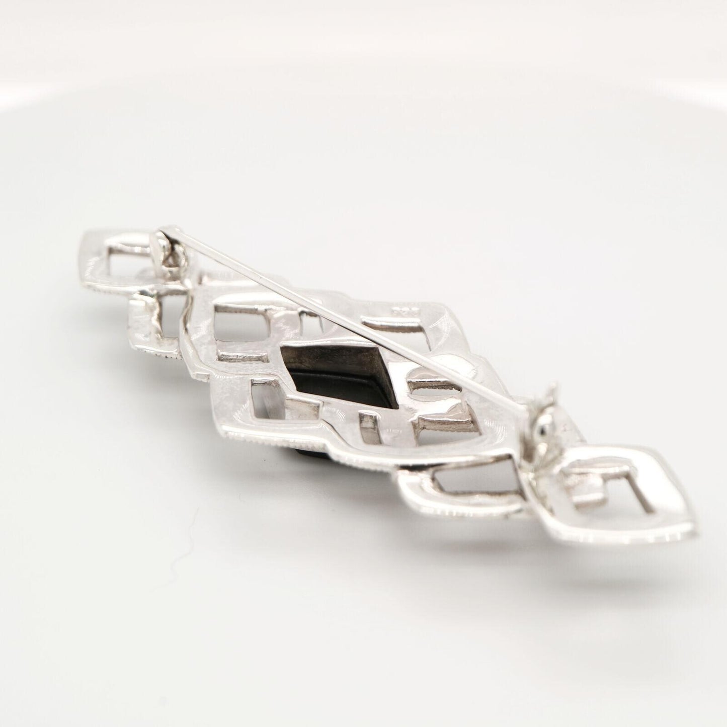 Art Deco Tesselated Brooch with Marcasite and Onyx in Sterling Silver