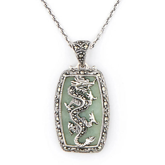 Dragon Pendant Necklace with Marcasite and Sterling Silver with choice of Green Jade or Onyx backgro