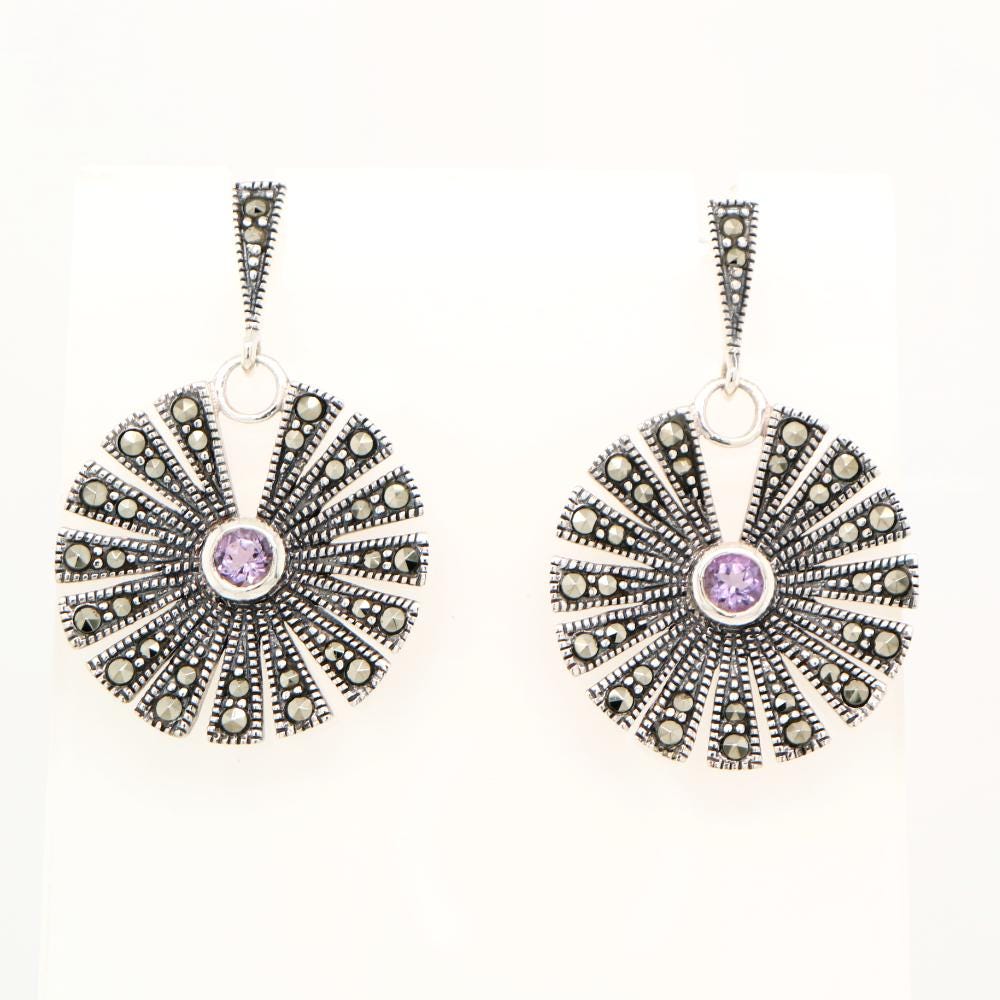 Circular Marcasite Fan Earrings With Amethys in Silver