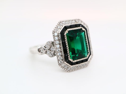Onyx halo Art Deco ring in Emerald,  Vintage style Emerald ring