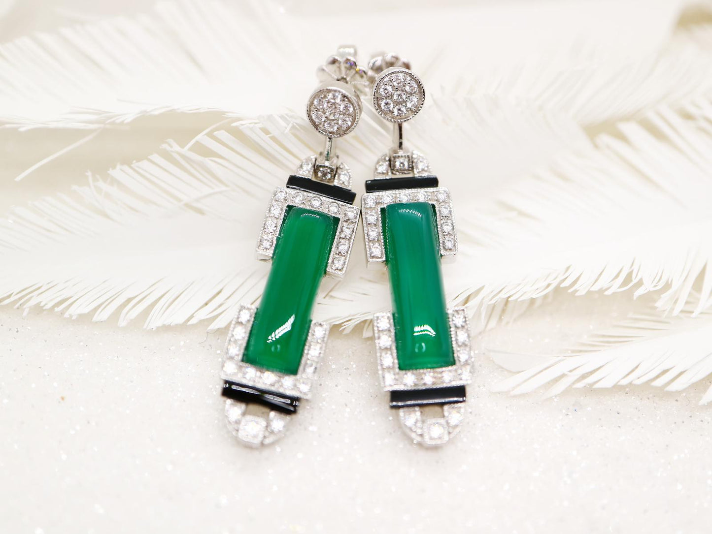 Art deco barrel drop earring in green agate, Cubic Zirconia, Black onyx sterling silver, Custom made jewelry