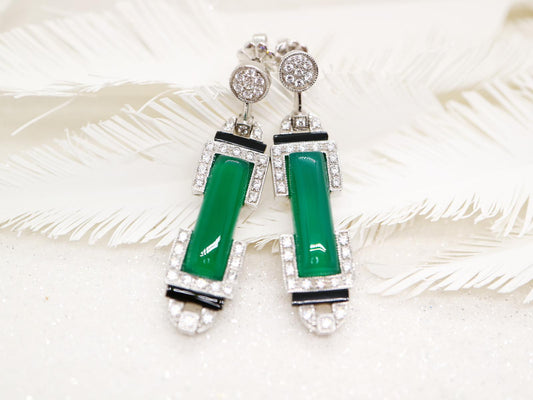 Art deco barrel drop earring in green agate, Cubic Zirconia, Black onyx sterling silver, Custom made jewelry