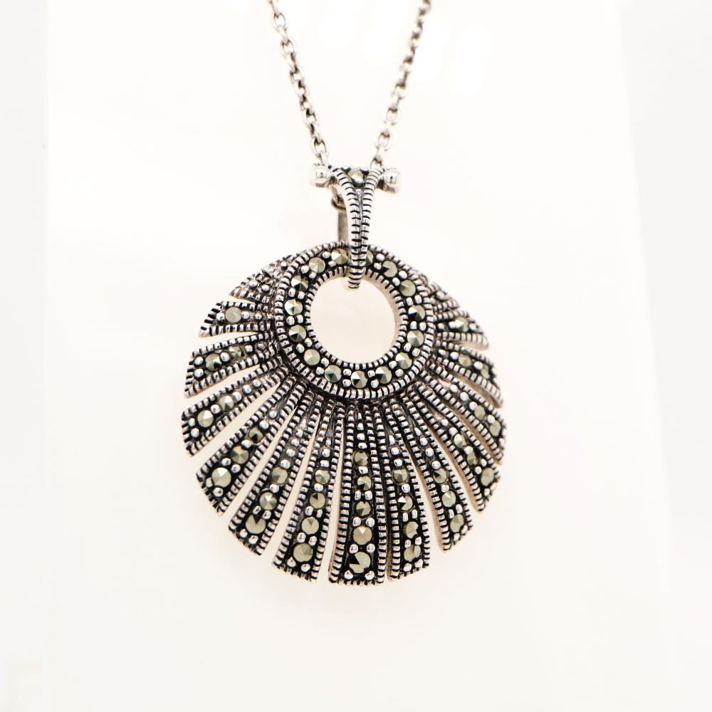 Art Deco Circular Fan Pendant with Marcasite in Silver