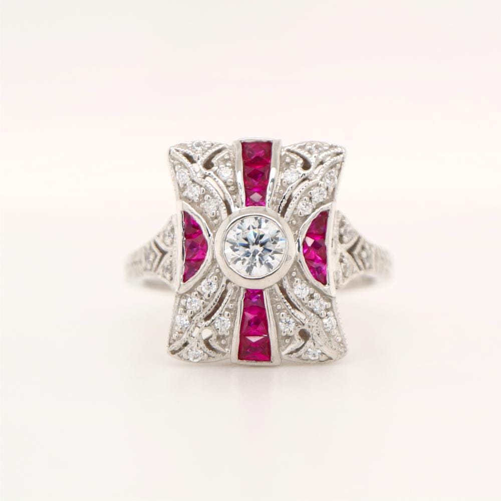 Art Deco square ruby and CZ sterling silver ring-Vintage inspired statement ring