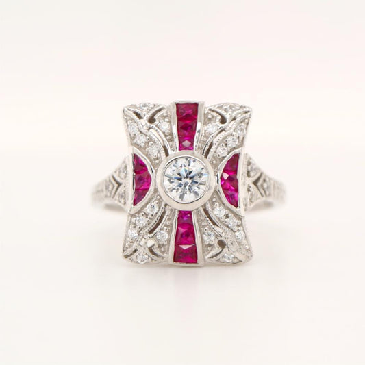 Art Deco square ruby and CZ sterling silver ring-Vintage inspired statement ring