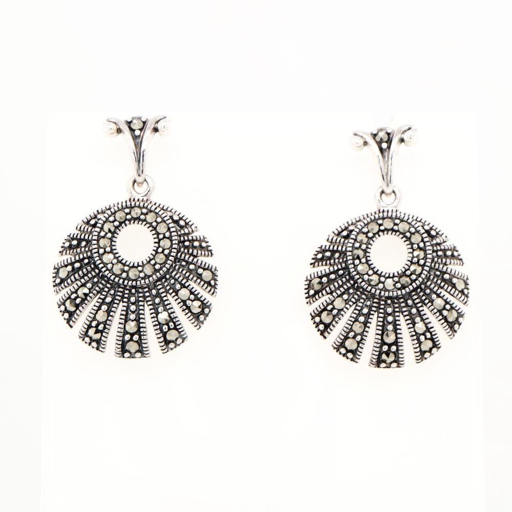 Circular Marcasite Fan Earrings With Amethys in Silver