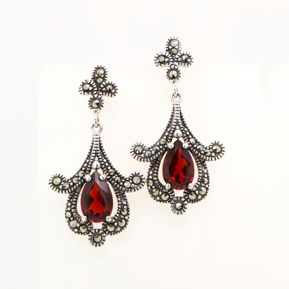 Garnet Art Deco Earrings with Marcasite in Silver