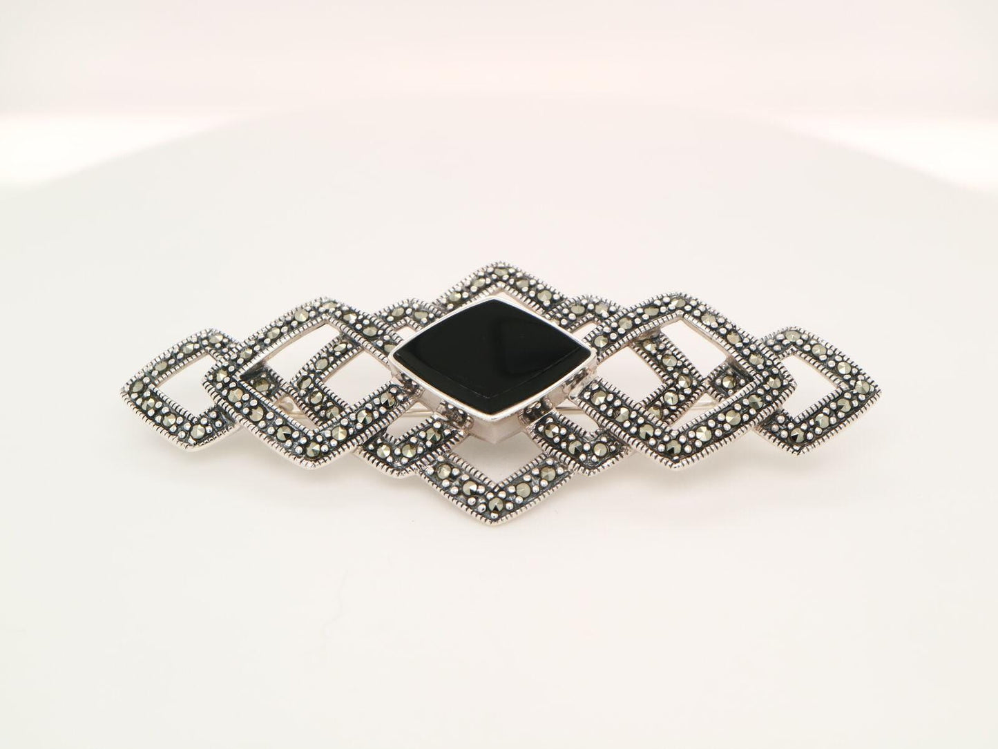 Art Deco Tesselated Brooch with Marcasite and Onyx in Sterling Silver