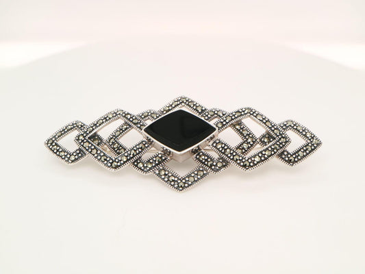Art Deco Tesselated Brooch with Marcasite and Onyx in Sterling Silver