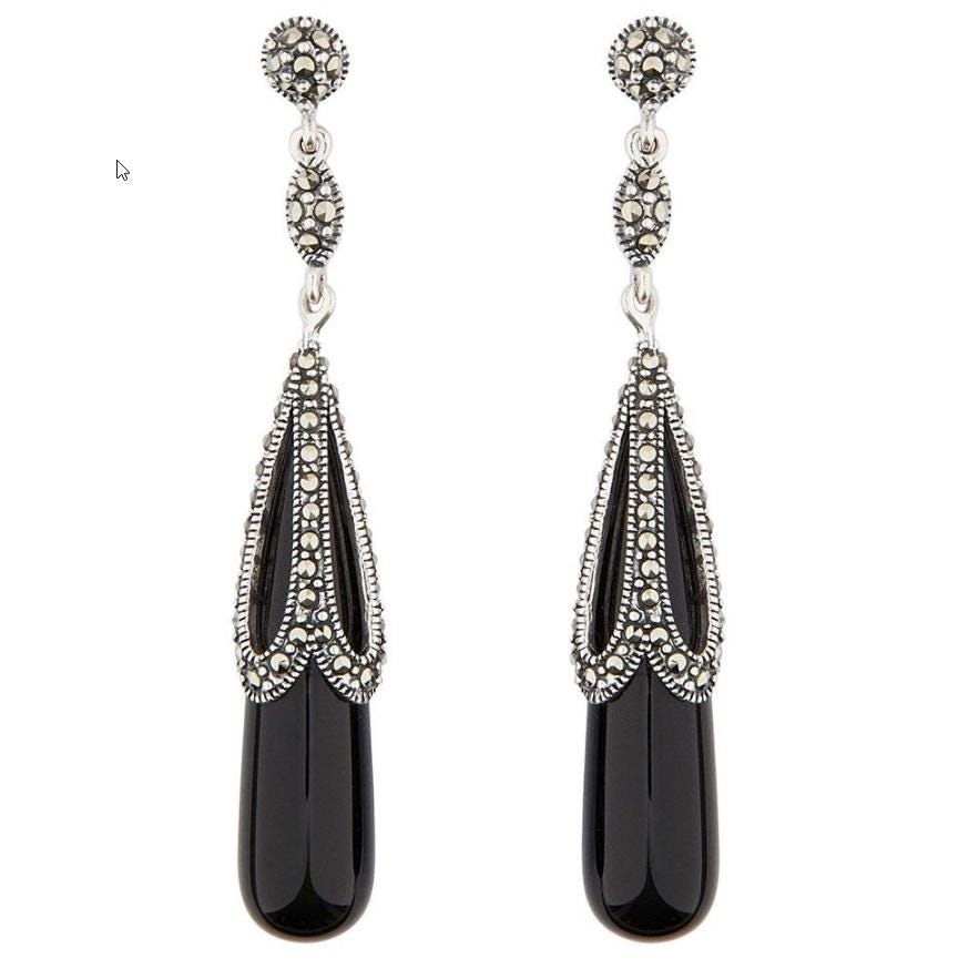 Art Deco Drop Design Earrings in Black Onyx, Marcasite and Sterling Silver