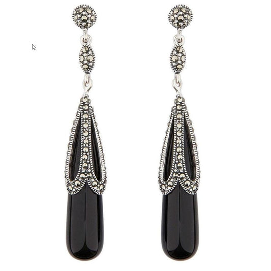 Art Deco Drop Design Earrings in Black Onyx, Marcasite and Sterling Silver