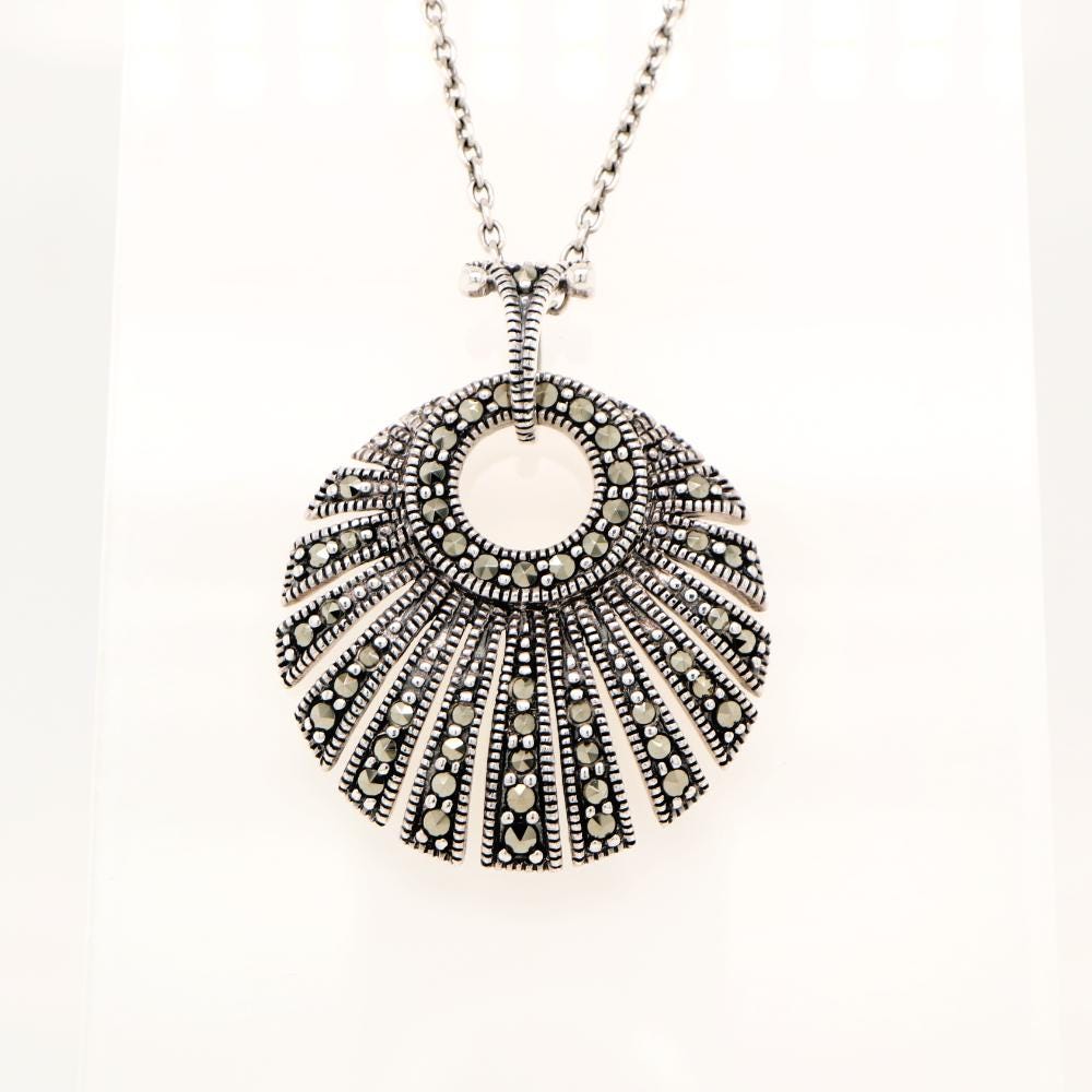 Art Deco Circular Fan Pendant with Marcasite in Silver