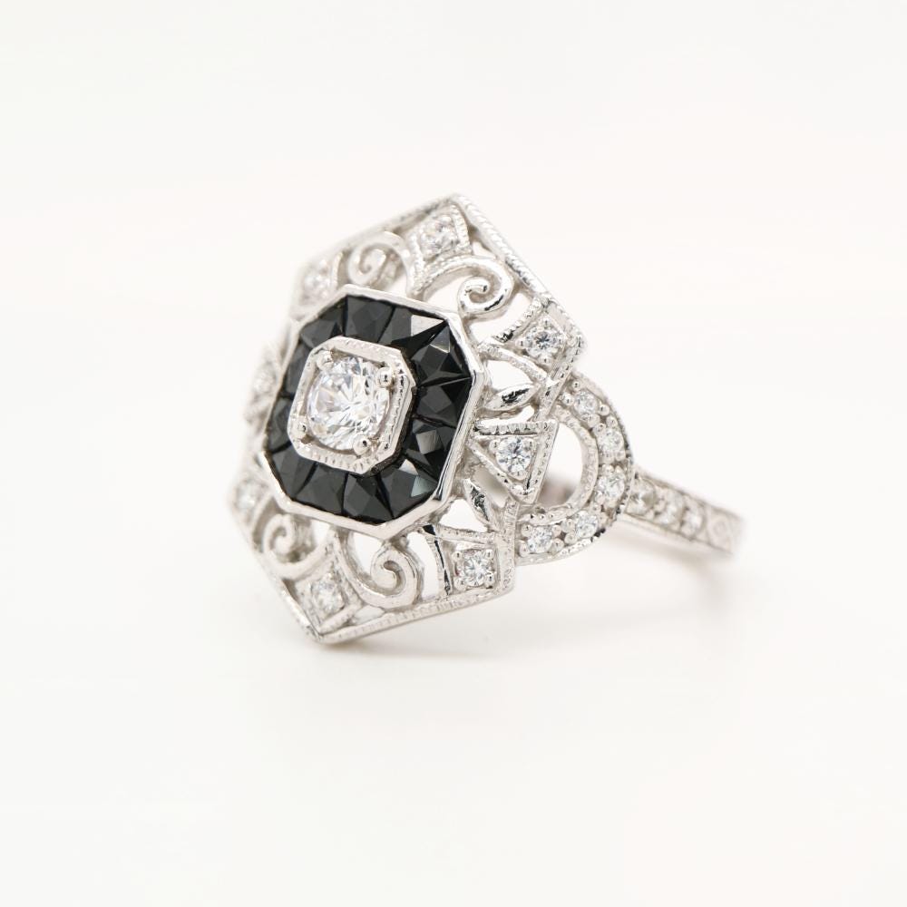 French Cut Onyx Cocktail Ring in White Gold with Diamond