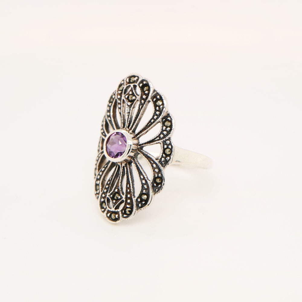 Marcasite Burst ring with Amethyst in Silver