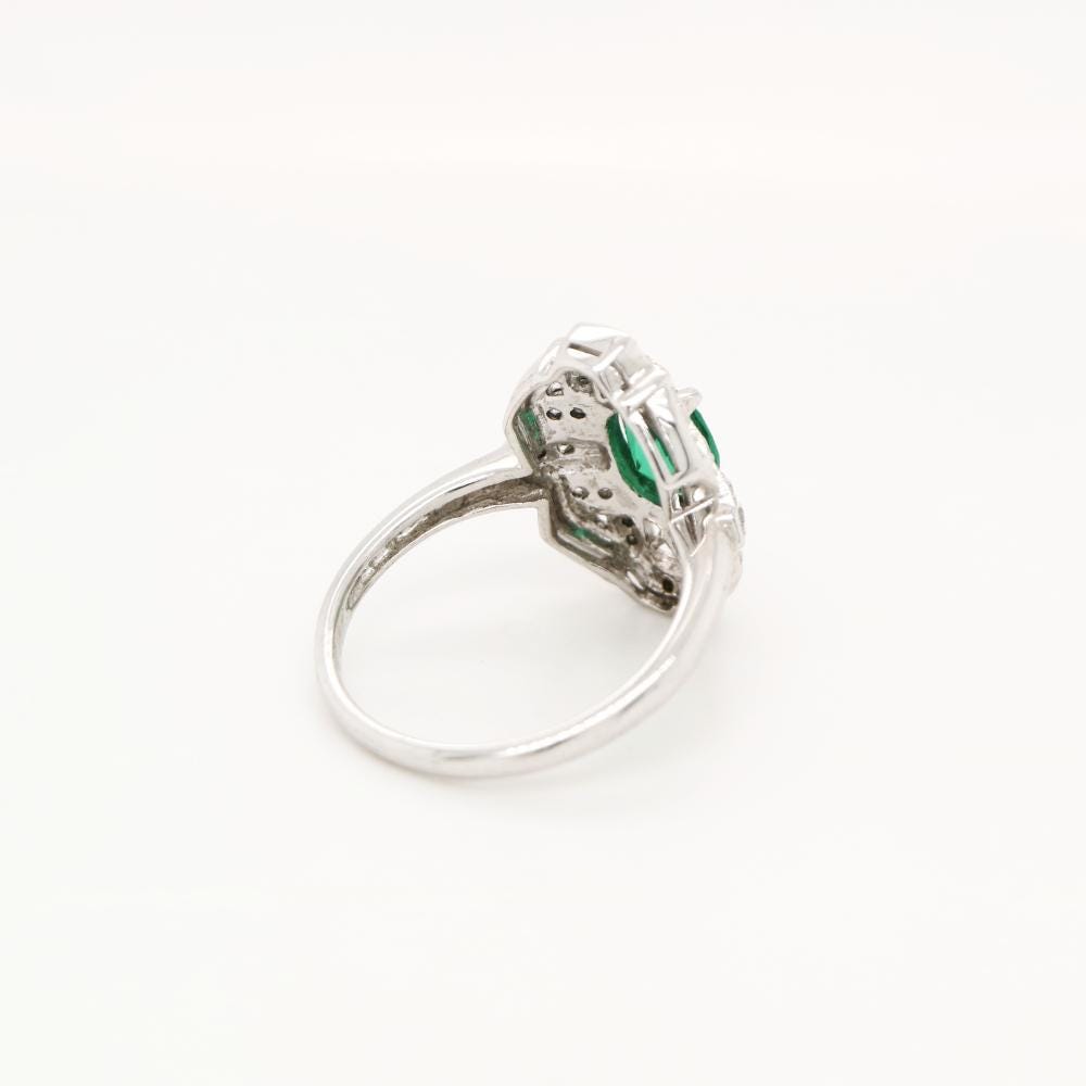 Art Deco Emerald ring in Sterling Silver with CZ, Art Deco Emerald ring in White Gold with Diamond