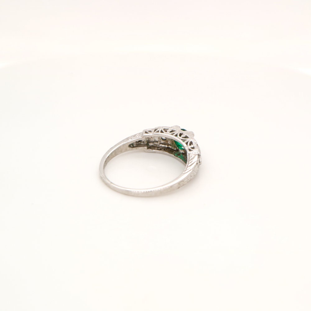 Art Deco Silver ring with Center Emerald and shoulder CZ, Anniversary gift