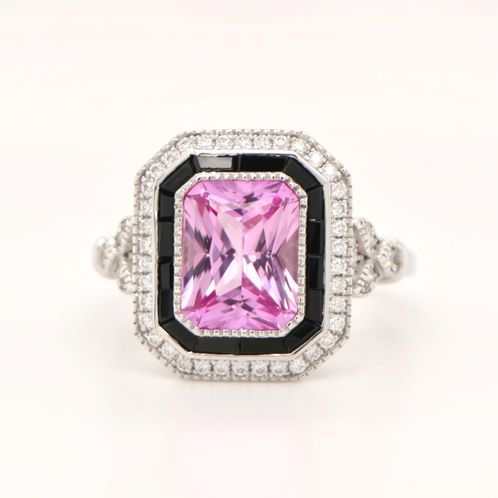 Onyx halo Art Deco ring in Pink Sapphire, Vintage style pink sapphire ring