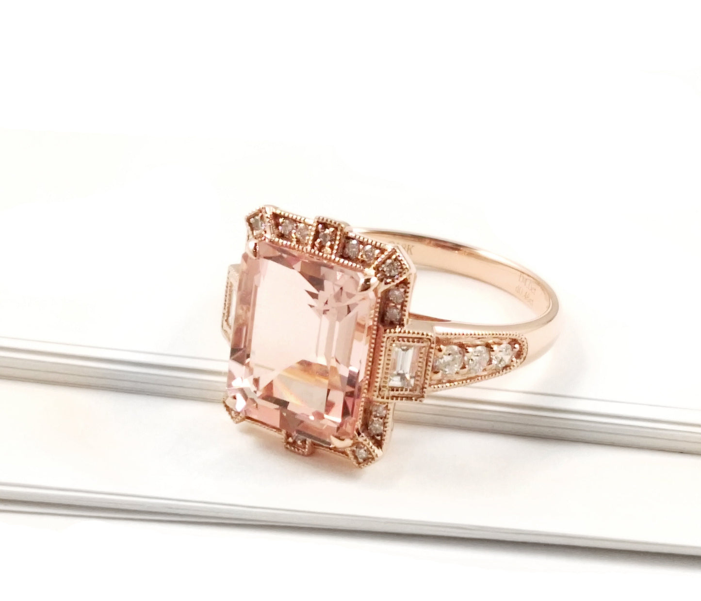 Art Deco vintage Morganite ring, Rose gold  diamond ring,  Art deco vintage ring, Rose gold engagement ring, Rose gold wedding ring,