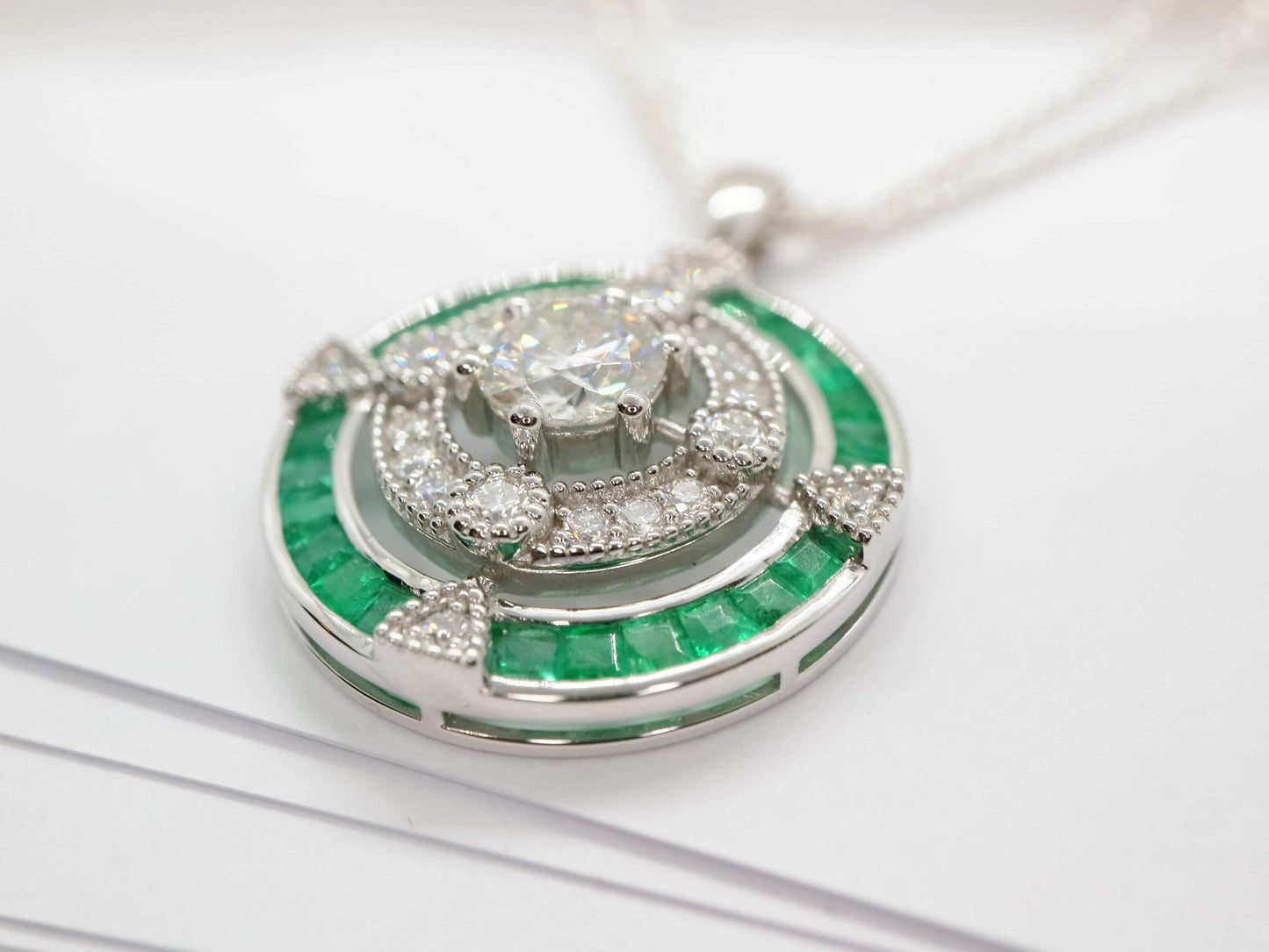 18k white gold natural emerald halo pendent, Vintage emerald diamond pendent, Anniversary gifts