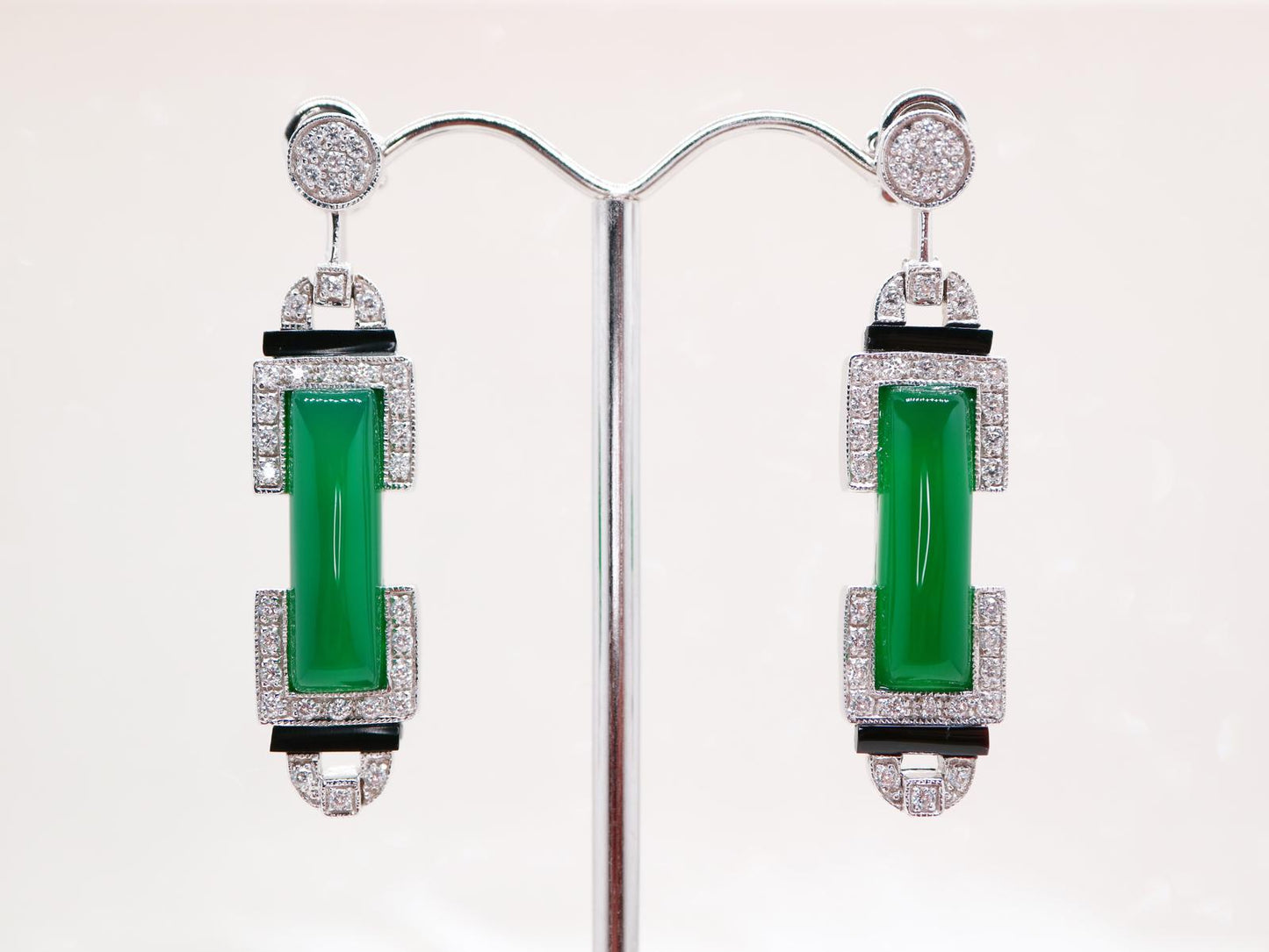 Art deco barrel drop earring in green agate, Cubic Zirconia, Black onyx sterling silver, Custom made jewelry