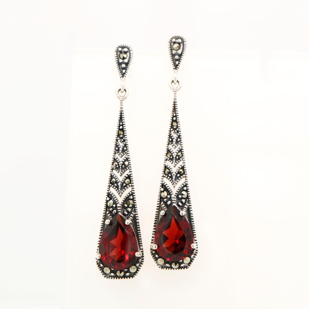Art Deco Garnet Drop Earrings with Marcasite in Silver