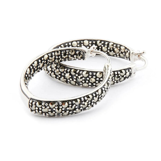 Art Deco Hoop Earrings in Marcasite and Sterling Silver