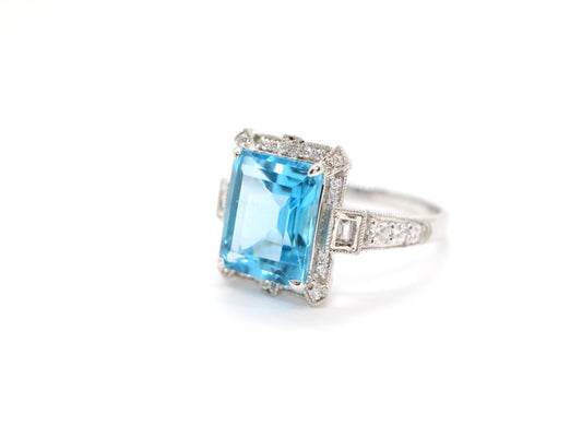 Art Deco vintage blue topaz  ring, Emerald cut blue topaz and diamond ring, White gold engagement ring, Topaz wedding ring, Anniversary gift