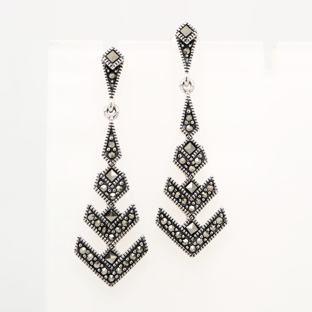 Art Deco Arrow Marcasite Drop Earrings in Silver