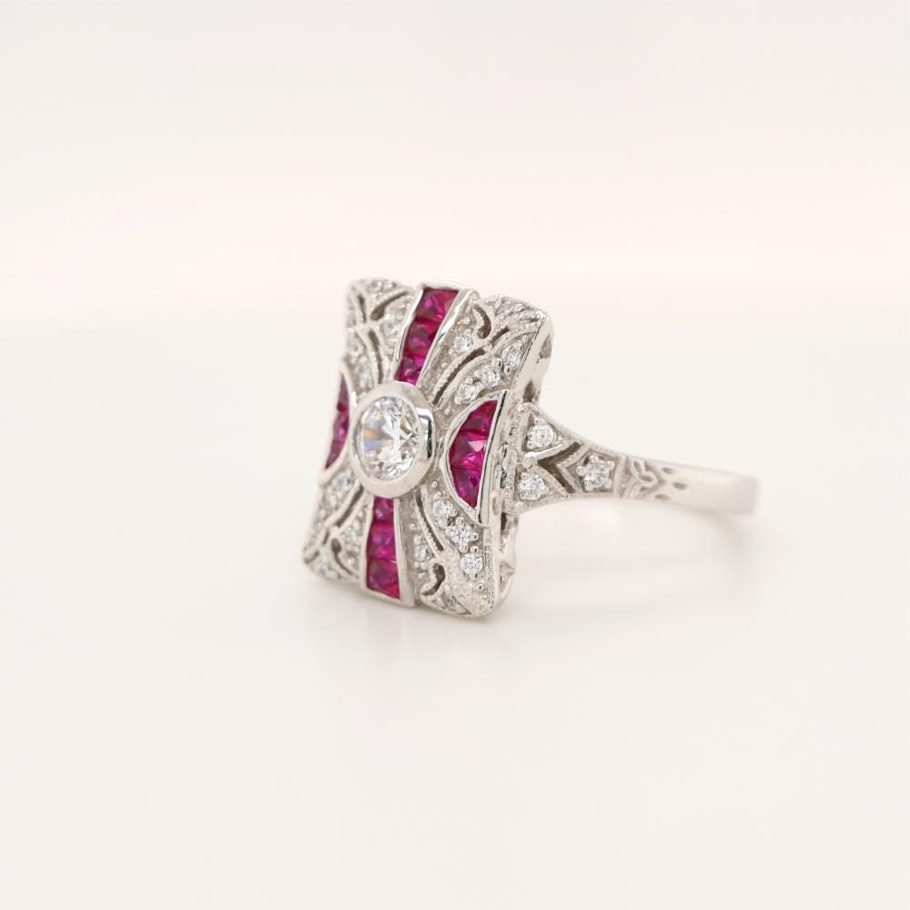 Art Deco square ruby and CZ sterling silver ring-Vintage inspired statement ring