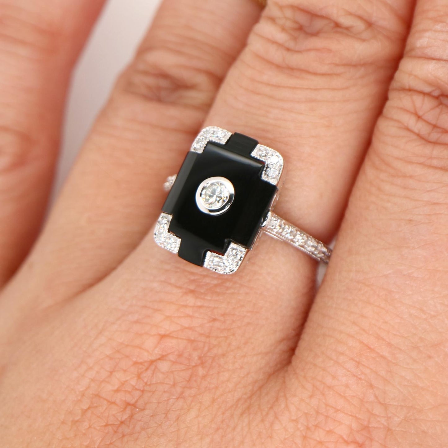 Art deco step cut ring with onyx and diamond in white gold, Onyx and diamond statement ring, Art deco onyx and diamond ring
