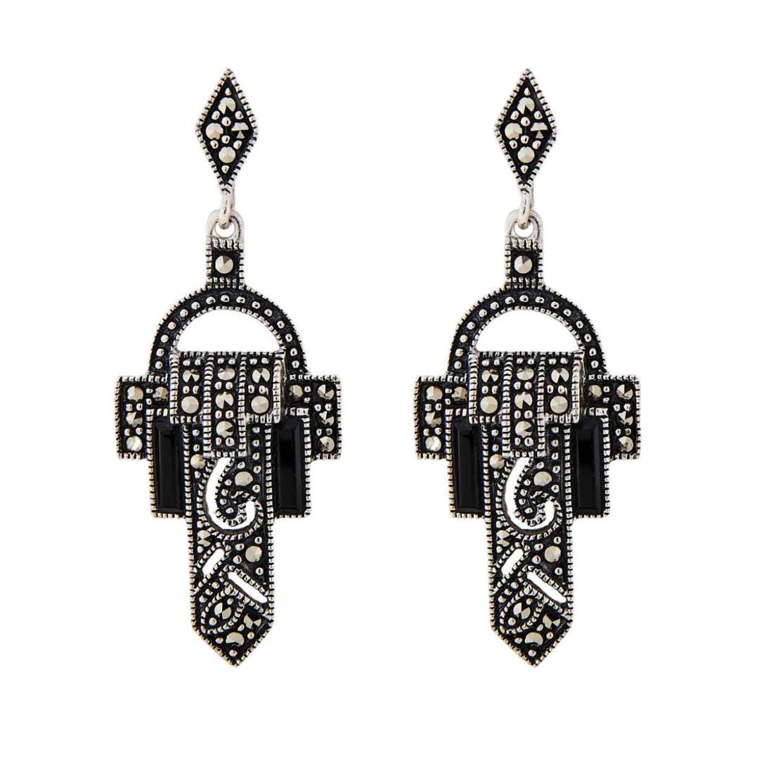 Art Deco Design Earrings in Onyx, Marcasite and Sterling Silver