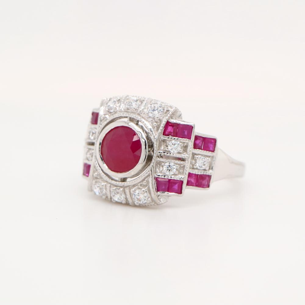 Art Deco Cocktail Ring with Ruby and Diamond in 9k White Gold