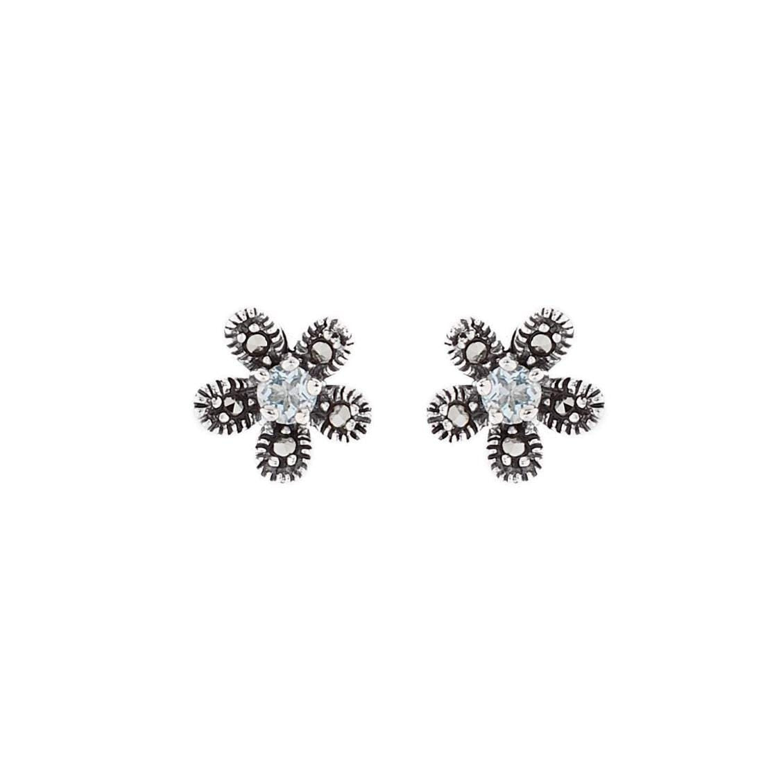 Flower Stud Earrings in Blue Topaz, Marcasite and Sterling Silver