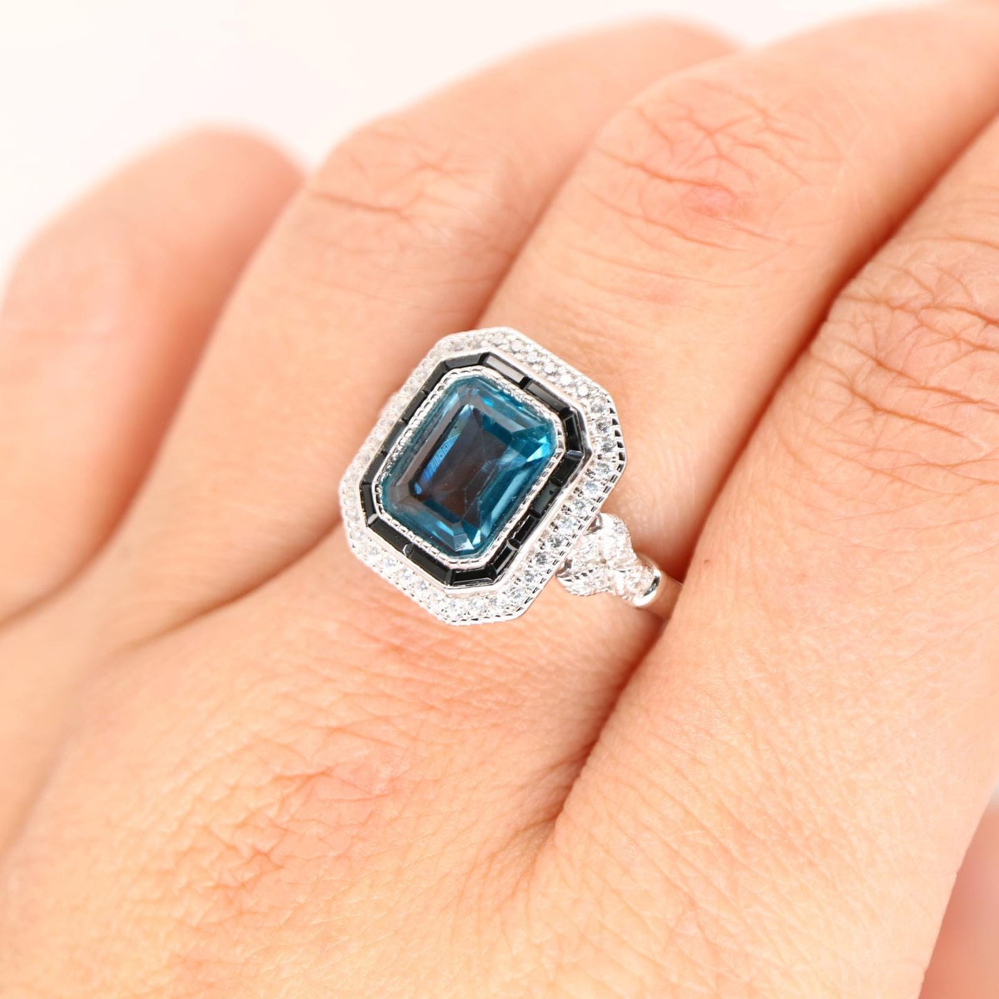 Onyx halo Art Deco ring in London Blue Topaz, Vintage style Topaz ring, Onyx and topaz engagement ring, Vintage jewelry