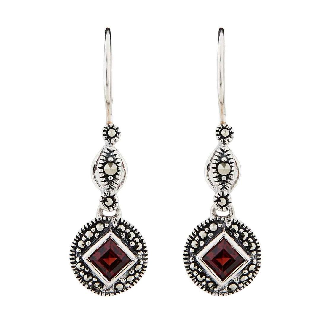 Art Deco Drop Earrings with Princess cut Gemstones paired with Marcasite in Sterling Silver