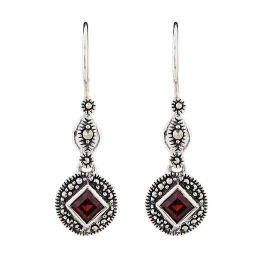 Art Deco Drop Earrings with Princess cut Gemstones paired with Marcasite in Sterling Silver