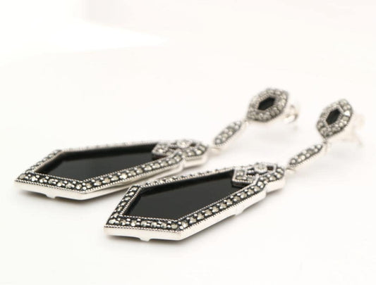 Art Deco Drop Earrings in Black Onyx paired with Marcasite and Sterling Silver