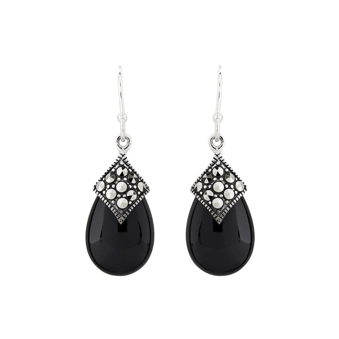 Art Deco Drop Earrings with Gemstone, Marcasite and Sterling Silver