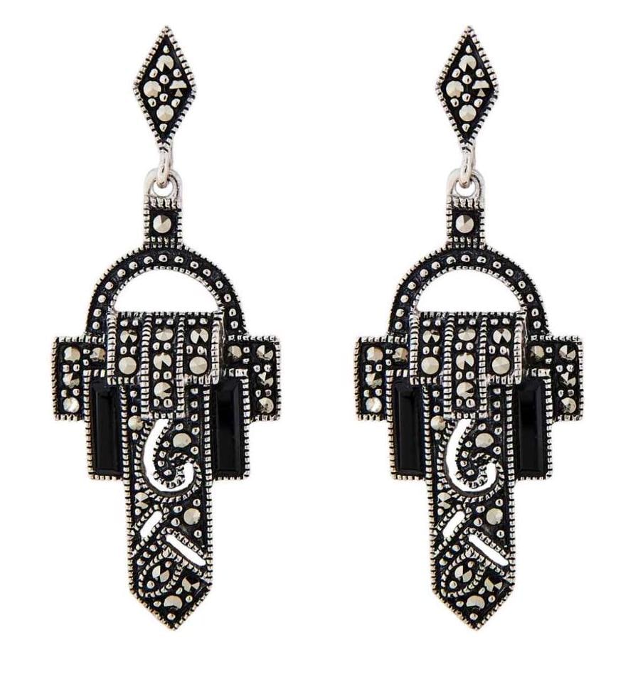 Art Deco Design Earrings in Onyx, Marcasite and Sterling Silver