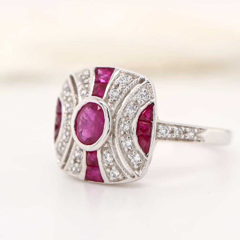 Sterling Silver Art deco Ruby Gem Cluster Ring
