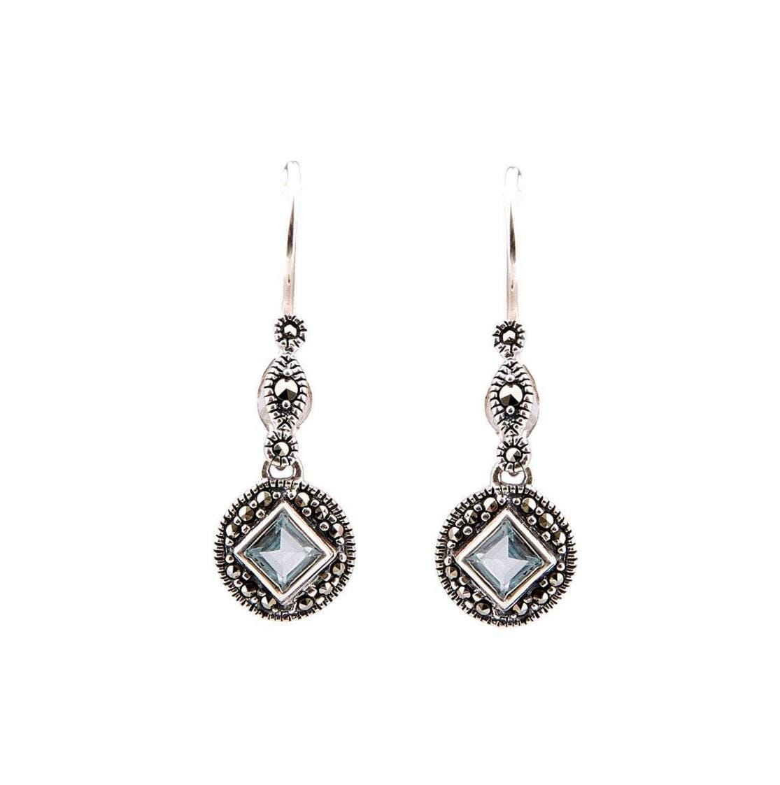 Art Deco Drop Earrings with Princess cut Gemstones paired with Marcasite in Sterling Silver