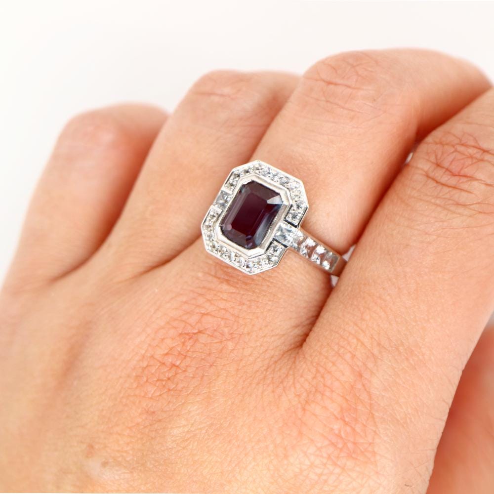 Laboratory grown Sapphire ring in Sterling Silver with CZ Halo