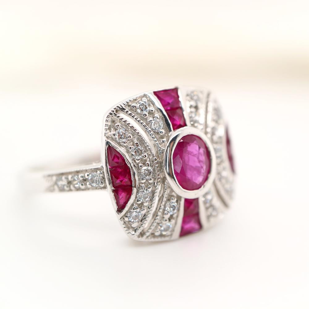 Sterling Silver Art deco Ruby Gem Cluster Ring