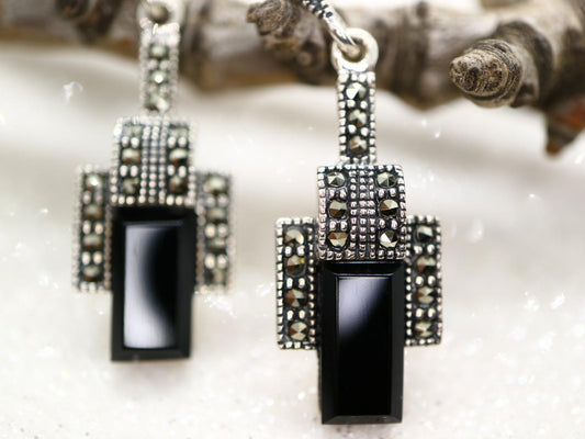 Art Deco Onyx earrings, Sterling silver onyx and marcasite earrings, Art Deco silver earring