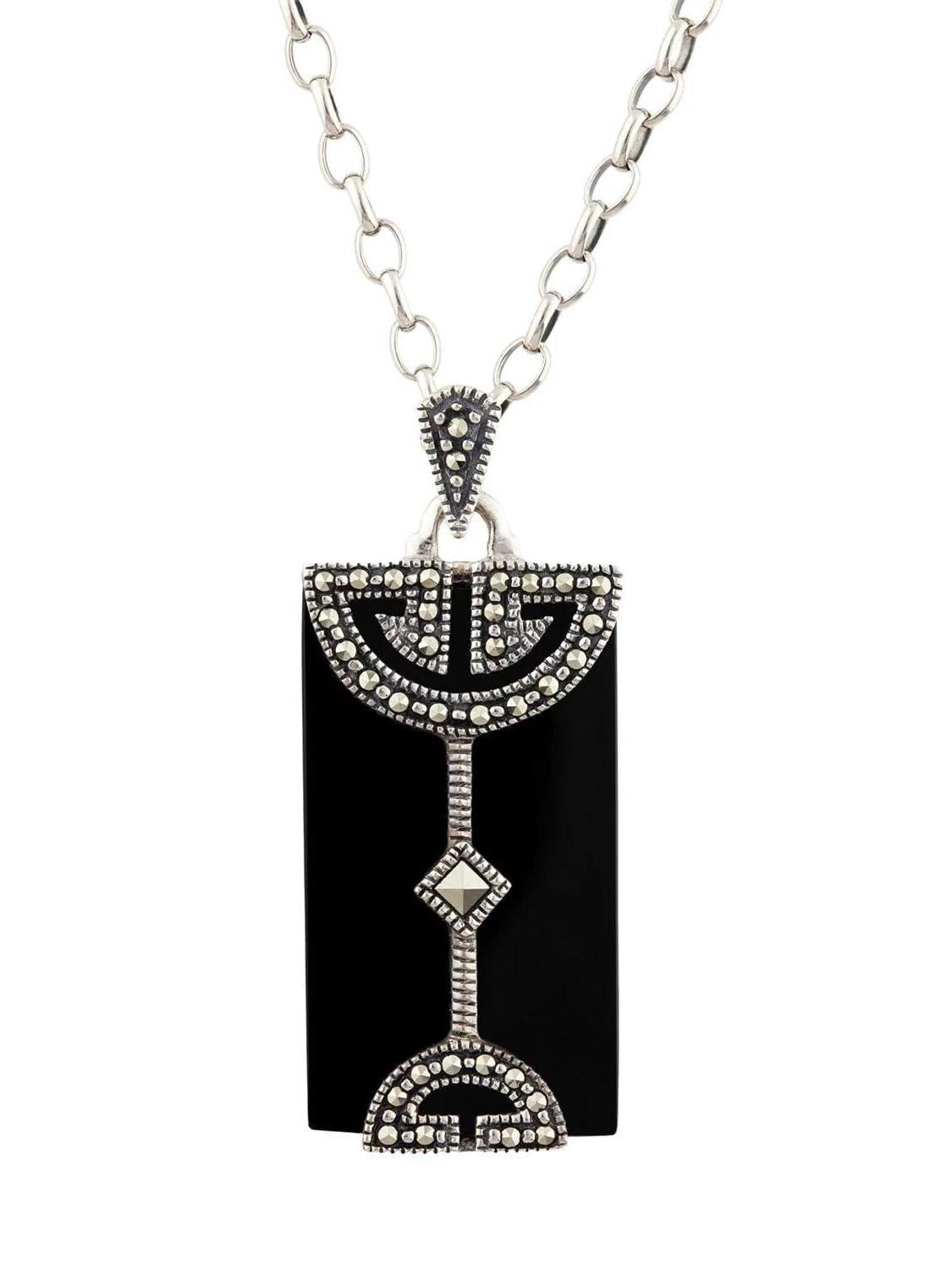 Art Deco Pendant in Black Onyx, Marcasite and Sterling Silver