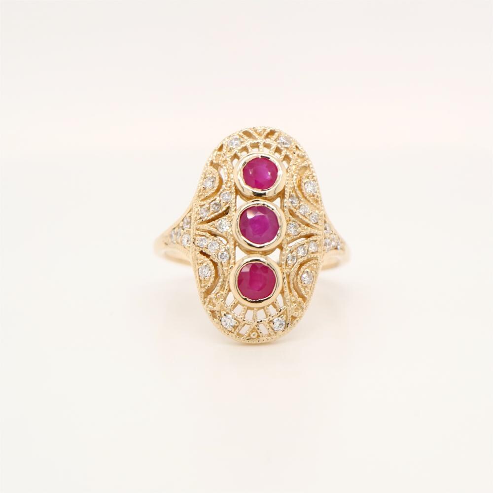 Ruby Diamond Three Stone Ring in 9ct Yellow Gold
