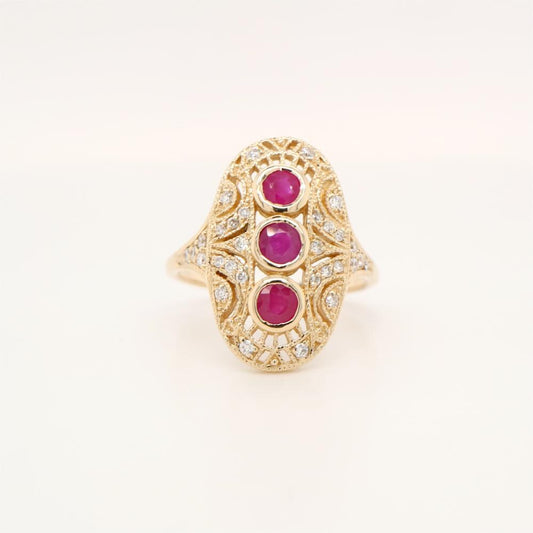 Ruby Diamond Three Stone Ring in 9ct Yellow Gold